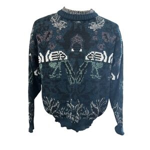 Vintage Michael Gerald Mens Medium Abstract Jacquard Knit Crewneck Sweater Blue